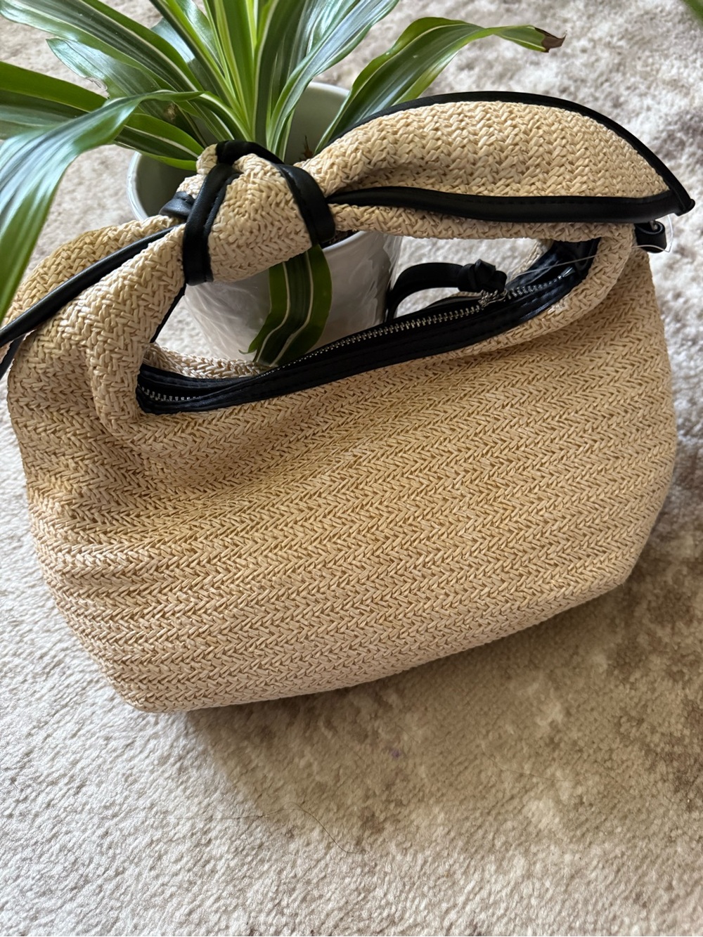 NWT Crown Vintage Woven Straw Bag with Black Trim